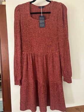 ✨Sampeel Rust Red Ribbed Knit Dress